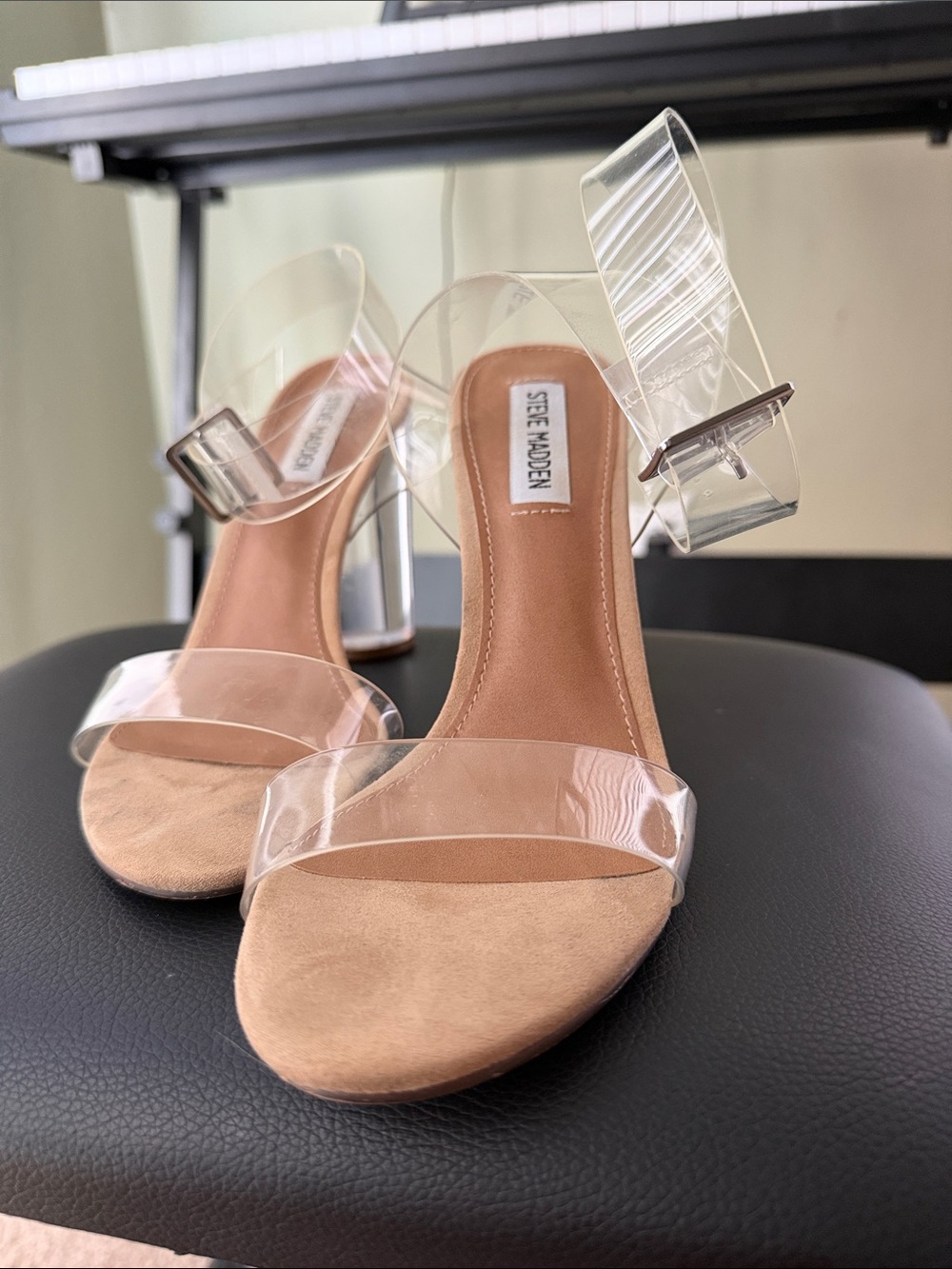 Steve Madden Clear-Strap Block Heels in Nude/Tan